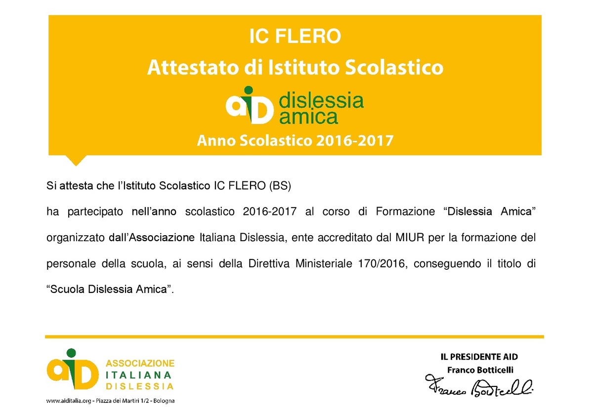 Attestato dislessia amica anno scolastico 2016-2017